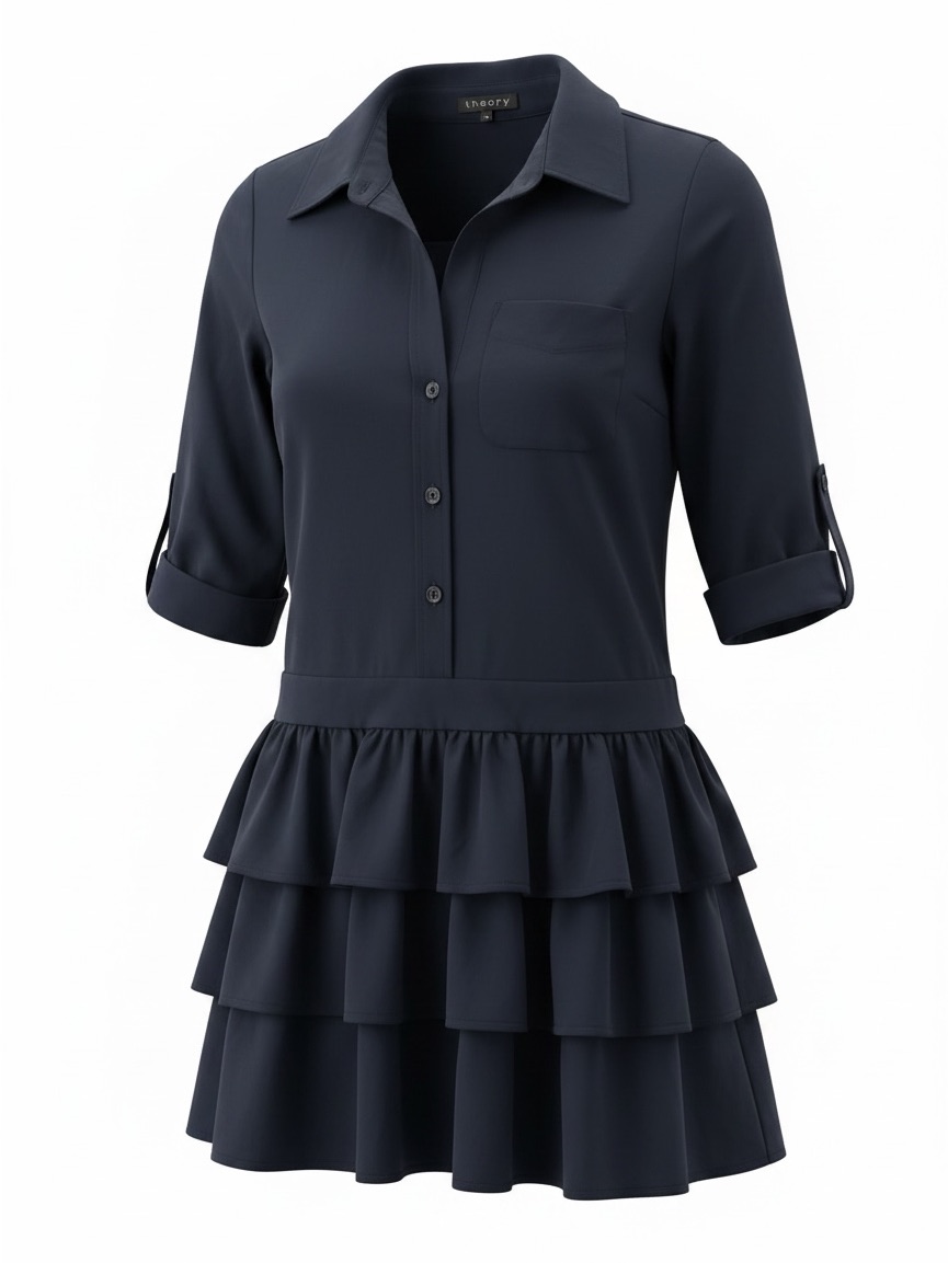 Tahari Navy Tiered Ruffle Shirt Dress